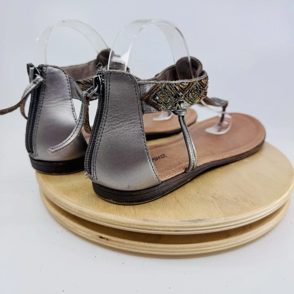 Minnetonka Antigua Sandals Womens 9 Gray Leather Beaded Ankle Strap Shoes